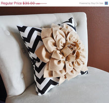 Load image into Gallery viewer, Taupe Flower on Black Chevron Pillow - Daisy Manor
