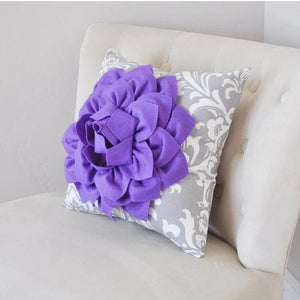 Pillows---Lavender Dahlia Flower, Gray Damask, Gift for Her, Unique Pillow - Daisy Manor