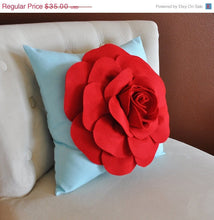 Load image into Gallery viewer, Throw Pillow, Red Rose on Light Aqua Pillow Baby Nursery Decor - Daisy Manor
