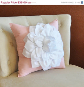 Throw Pillow White Dahlia on Light Pink Pillow 14x14 Flower Pillow - Daisy Manor