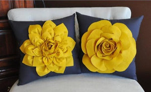 Two Decorative Flower Pillows -Mustard Yellow Dahlia and Mustard Yellow Rose on Charcoal Grey 14 X 14 - Daisy Manor