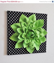 Load image into Gallery viewer, Wall Flower -Chartreuse Green Dahlia on Black and  White Polka Dot 12 x12&quot; Canvas Wall Art- 3D Felt Flower - Daisy Manor
