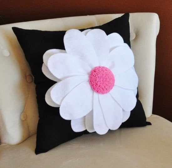 White Daisy Flower on Black Pillow  -New Bedbuggs Design -Pick your Colors- - Daisy Manor
