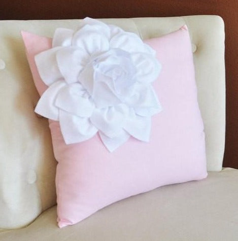White Corner Dahlia Flower on Light Pink Pillow Accent Pillow Throw Pillow 16 x 16 Toss Pillow - Daisy Manor