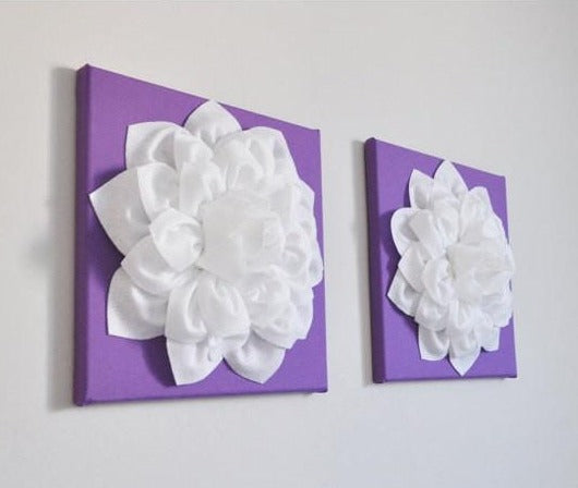 Two Large Flower Wall Hangings - White Dahlias on Lavender 12 x 12 Canvases - Daisy Manor