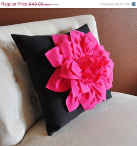 Pillow - 16 x 16 inch Hot Pink Dahlia Flower on Black Pillow - Daisy Manor