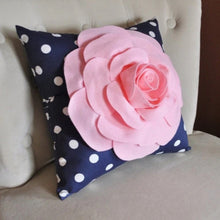 Load image into Gallery viewer, Rose Pillow Light Pink Flower on Navy and White Polka Dot Pillow 14x14 Flower Pillow - Daisy Manor
