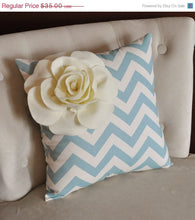 Load image into Gallery viewer, Ivory Corner Rose on Blue and Natural Zigzag Pillow 14 X 14 -Chevron Flower Pillow- Zig Zag Pillows - Daisy Manor
