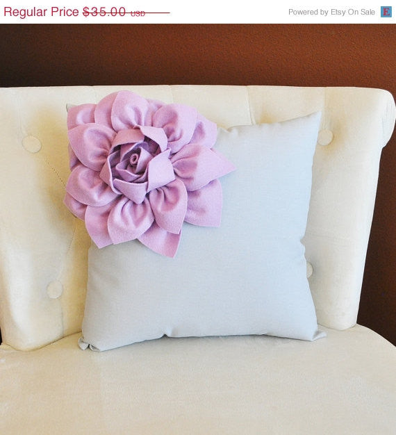 Lilac Corner Dahlia on Gray Pillow 14 X 14 -Flower Pillow- Baby Nursery Pillow - Daisy Manor