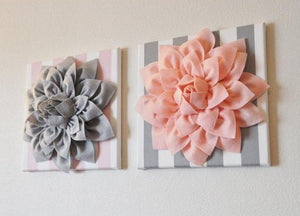 Two Wall Flowers -Gray Dahlia on Pink and White Stripe and Pink Dahlia on Gray and White Stripe- 12 x12" Canvas Wall Art- - Daisy Manor