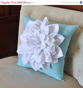 White Dahlia Felt Flower on Blue Pillow - Daisy Manor