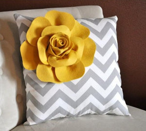 Mellow Yellow Corner Rose on Gray and White Zigzag Pillow 14 X 14 -Chevron Flower Pillow- Zig Zag Pillows - Daisy Manor