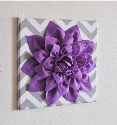 Wall Decor -Lavender Dahlia on Gray and White Chevron 12 x12
