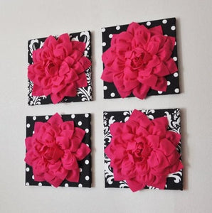 Hot Pink Dahlia Decor on Black and White Print Canvases - Daisy Manor