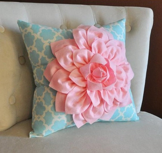 Light Pink Dahlia Flower on Blue Tarika Pillow Accent Pillow Throw Pillow Toss Pillow