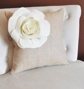 Two Ivory Corner Rose Flower on Burlap Pillows Accent Pillow Throw Pillow Toss Pillow Rustic Pillow - Daisy Manor