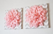 Load image into Gallery viewer, Two Wall Flowers -Light Pink Dahlia on Taupe and White Chevron 12 x12&quot; Canvas Wall Art- Baby Nursery Wall Decor- - Daisy Manor
