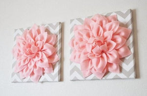 Two Wall Flowers -Light Pink Dahlia on Taupe and White Chevron 12 x12" Canvas Wall Art- Baby Nursery Wall Decor- - Daisy Manor