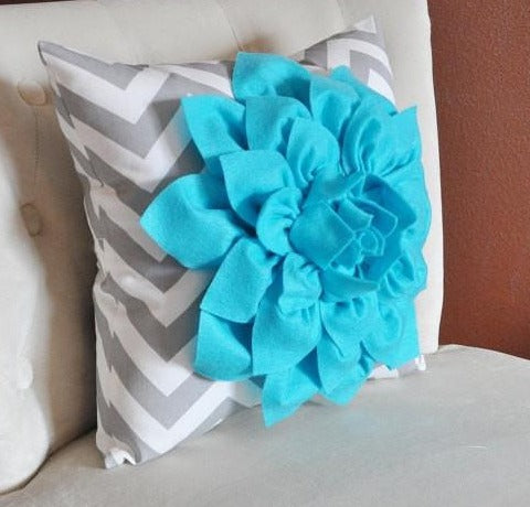Turquoise Dahlia on Gray and White Zigzag Pillow -Chevron Pillow- Toss Pillow Modern Pillow - Daisy Manor