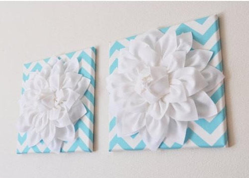 Two Wall Flowers - White Dahlia on Aqua and White Chevron 12 x12