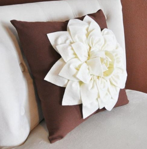 Ivory Dahlia Felt Flower on Brown Pillow  -Pick your Colors- Mum Flower Pillow- Textured Pillow - Daisy Manor