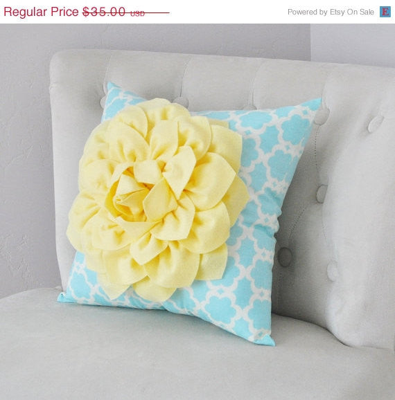 Light Yellow Dahlia Flower on Aqua Blue Tarika Pillow Accent Pillow Throw Pillow Toss Pillow - Daisy Manor