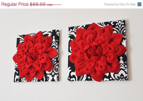 Wall Hanging Set - Red Dahlia Flowers On Black And White Damask Print 12 x 12 
