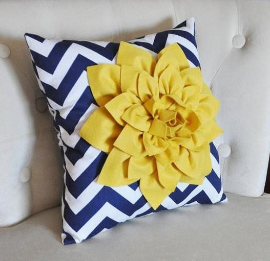 Mellow Yellow Dahlia on Navy and White Zigzag Pillow -Chevron Pillow- - Daisy Manor