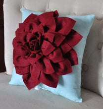 Load image into Gallery viewer, Shabby Chic - Dahlia Felt Flower Decorative Pillow  -Ruby Red on Aqua - 14&quot; x 14&quot; -Poinsettia -Pick your Colors- Mum Flower - Daisy Manor
