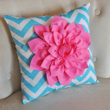 Load image into Gallery viewer, Pink Dahlia on Girly Blue and White Zigzag Pillow -Chevron Pillow- - Daisy Manor
