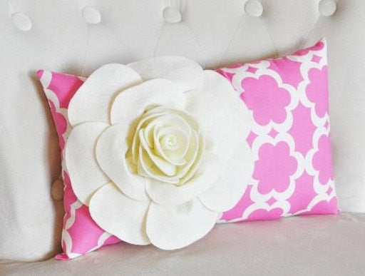 Lumbar Pillow Ivory Rose on Pink Tarika Lumbar Pillow 9 x 16 -Lattice Trellis- - Daisy Manor