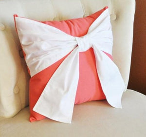 Throw Pillow, White Bow on Coral Pillow 14x14 Coral Home Decor, Decorative Throw Pillows - Daisy Manor