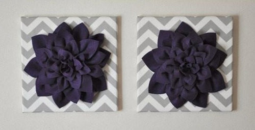 Two Wall Flower -Deep Purple Dahlia on Gray and White Chevron 12 x12