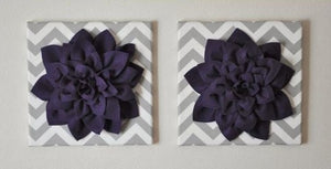 Two Wall Flower -Deep Purple Dahlia on Gray and White Chevron 12 x12" Canvas Wall Art- Baby Nursery Wall Decor- - Daisy Manor