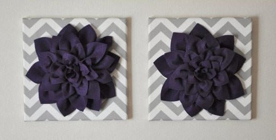 Two Wall Flower -Deep Purple Dahlia on Gray and White Chevron 12 x12