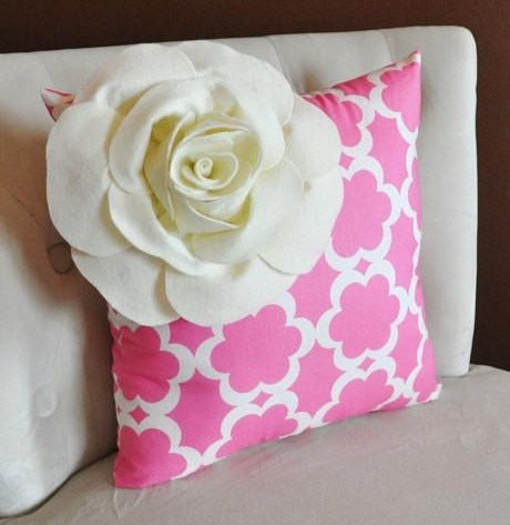 Ivory Corner Rose Flower on Pink Tarika Pillow -Accent Pillow Throw Pillow Toss Pillow Baby Nursery Pillow - Daisy Manor