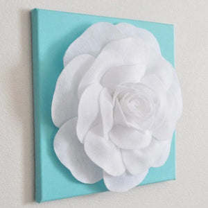 Rose Wall Hanging- White Rose on Aqua Blue Solid 12 x12" Canvas Wall Art- 3D Felt Flower - Daisy Manor