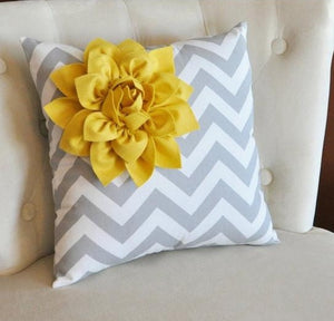 Mellow Yellow Corner Dahlia on Gray and White Zigzag Pillow 14 X 14 -Chevron Flower Pillow- Zig Zag Pillows - Daisy Manor
