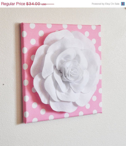 Nursery Wall Decor -White Rose on Pink with White Polka Dot 12 x12