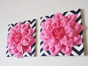 Two Wall Flowers -Pink Dahlia on Navy and White Chevron 12 x12" Canvas Wall Art- 3D Felt Flower - Daisy Manor