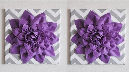Set Of Two Wall Decor -Lavender Dahlia on Gray and White Chevron 12 x12