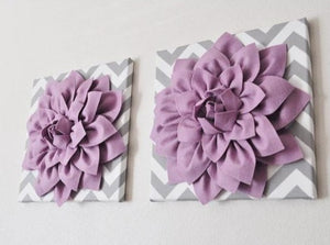 Two Wall Flowers -Lilac Dahlia on Gray and White Chevron 12 x12" Canvas Wall Art- Baby Nursery Wall Decor- - Daisy Manor