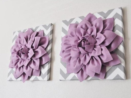 Two Wall Flowers -Lilac Dahlia on Gray and White Chevron 12 x12