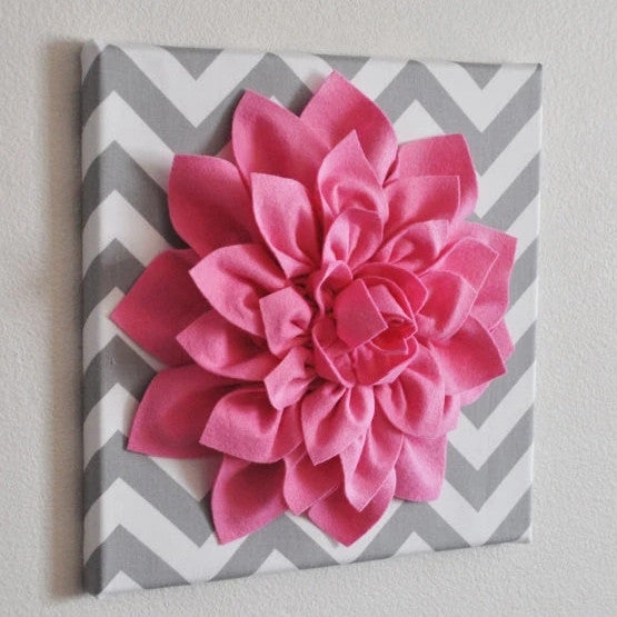 Pink Wall Flower -Bright Pink Dahlia on Gray and White Chevron 12 x12