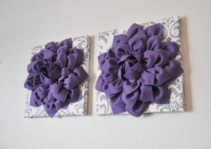 Two Lavender Dahlias on White and Gray Damask Canvases - Daisy Manor