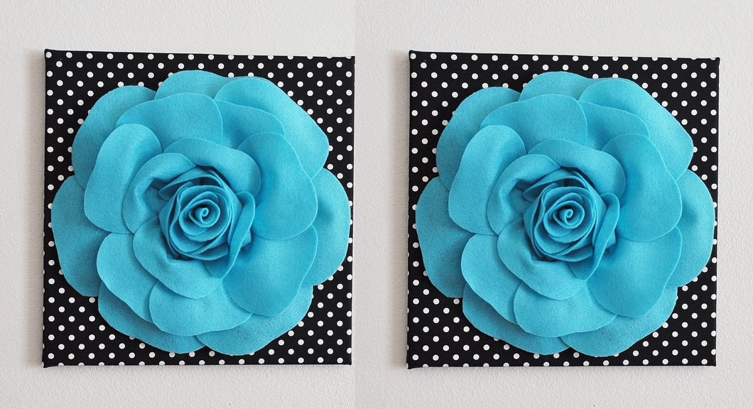 TWO Light Turquoise Roses on Black with White Polka Dot