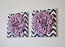 Load image into Gallery viewer, TWO Lilac Dahlia Flowers on Navy and White Chevron Canvases - Daisy Manor
