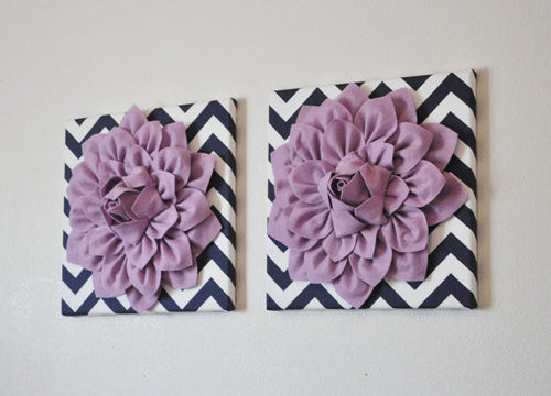 TWO Lilac Dahlia Flowers on Navy and White Chevron Canvases - Daisy Manor