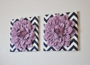 TWO Lilac Dahlia Flowers on Navy and White Chevron Canvases - Daisy Manor