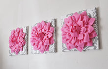 Load image into Gallery viewer, Three Pink Dahlia Flowers on White and Gray Damask Canvases - Daisy Manor
